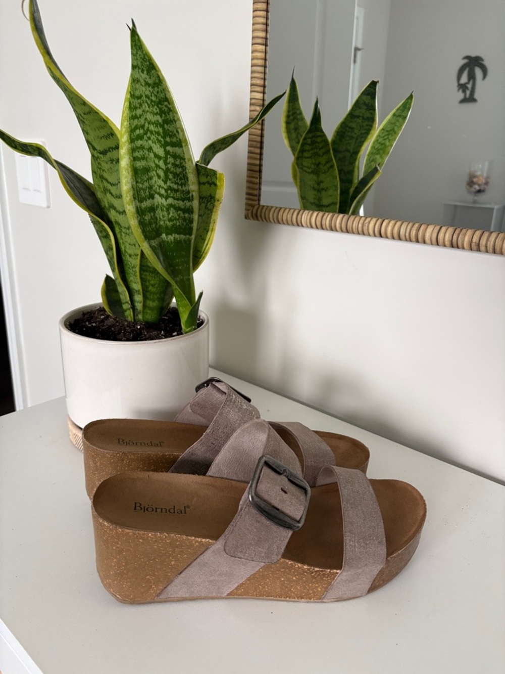 Women's Bjorndal Shimmery Taupe Wedge Slide Sandals with Buckle - Picture 3 of 12